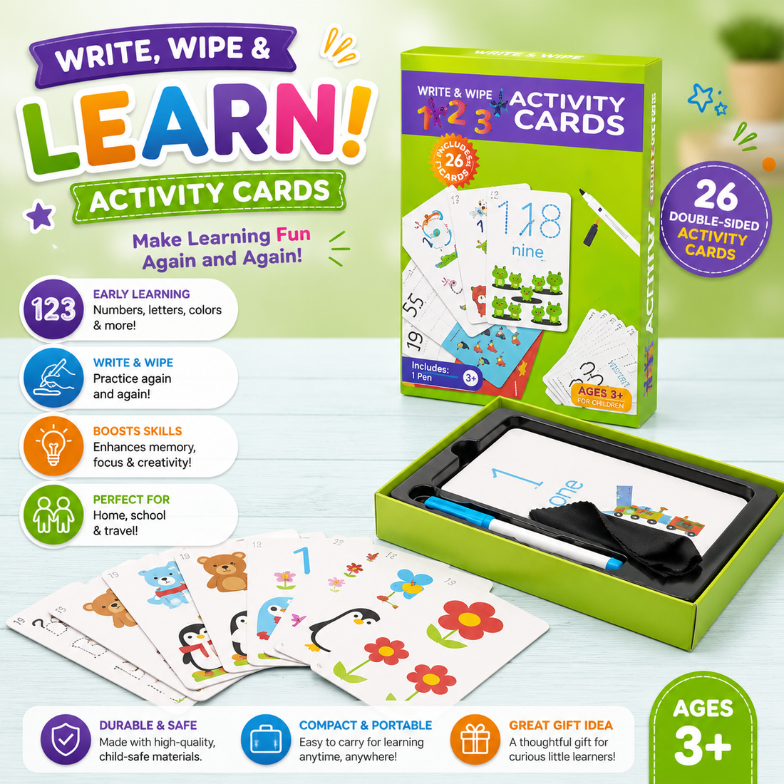 123 Write-and-Wipe Learning Cards – Reusable Early Learning Set
