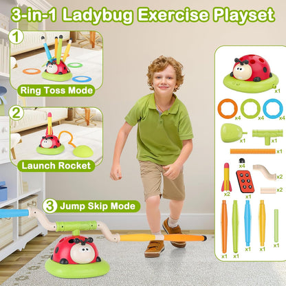 3 In 1 Musical Jump, Ring Toss Game, Stomps & Rocket Launcher for Kids