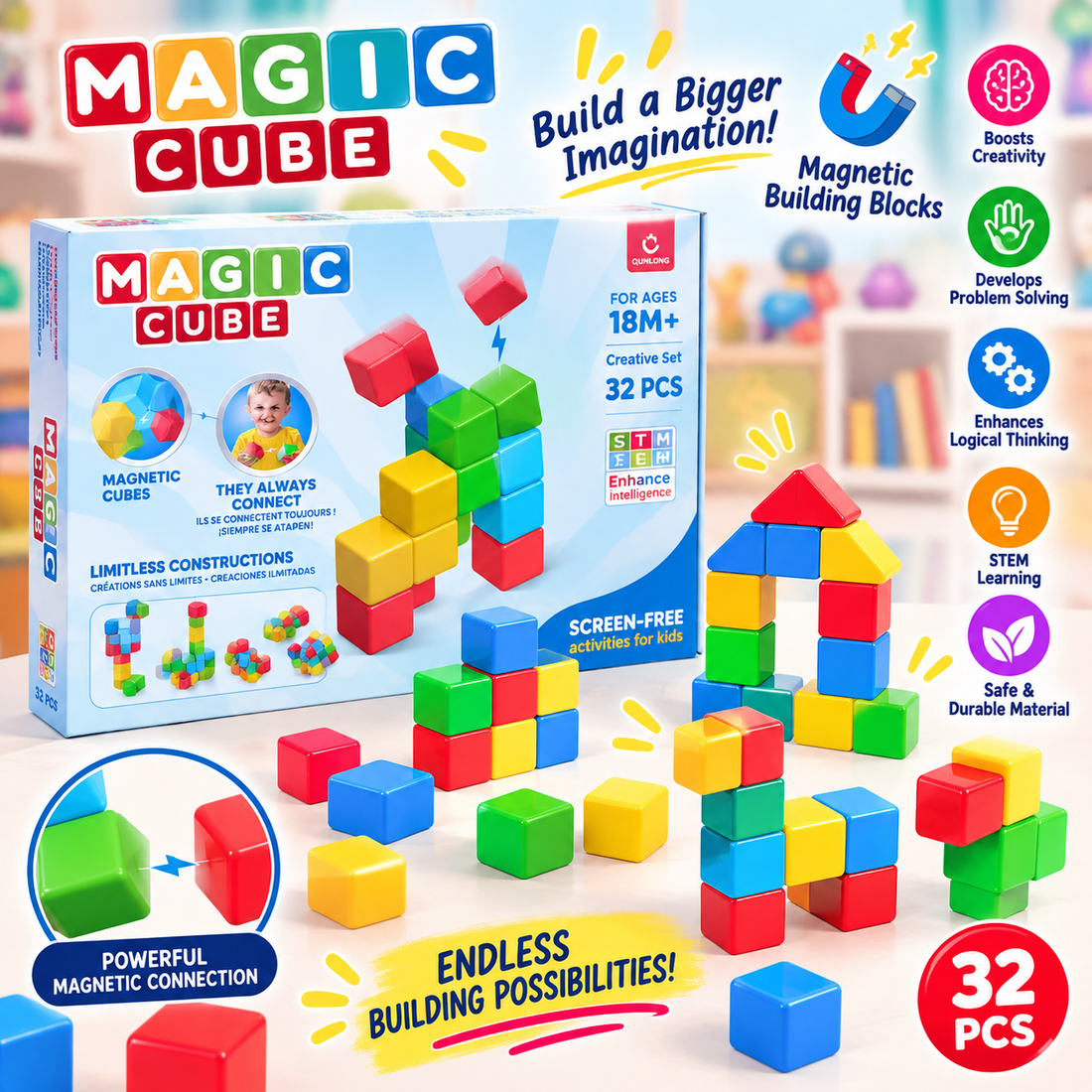 Large Magnetic Building Blocks – 32 Pieces (4.2 cm x 4.2 cm each)