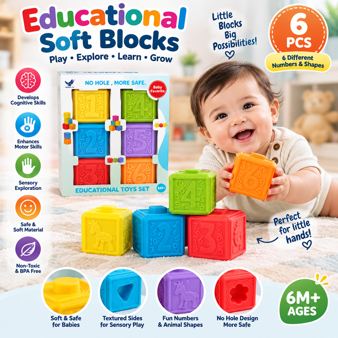 Soft Multicolor Rubber Stacking Interactive Blocks