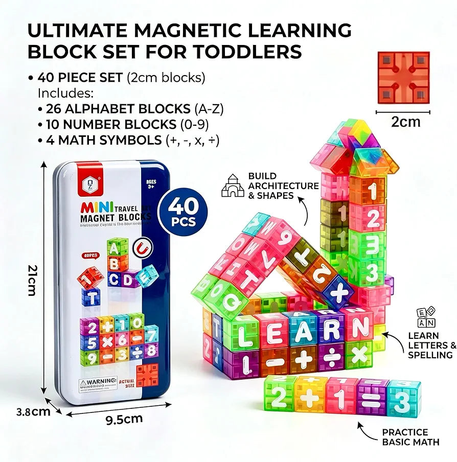 Mini Tin Travel Set Magnetic Alphabet and Number Cube 40 pieces