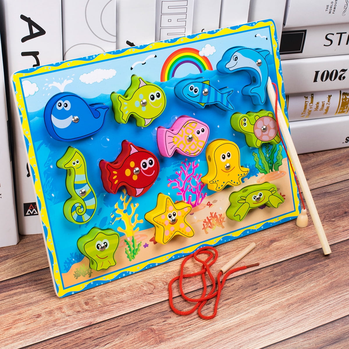 Wooden 3D Magnetic Fishing Puzzle with White Board