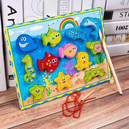 Wooden 3D Magnetic Fishing Puzzle with White Board