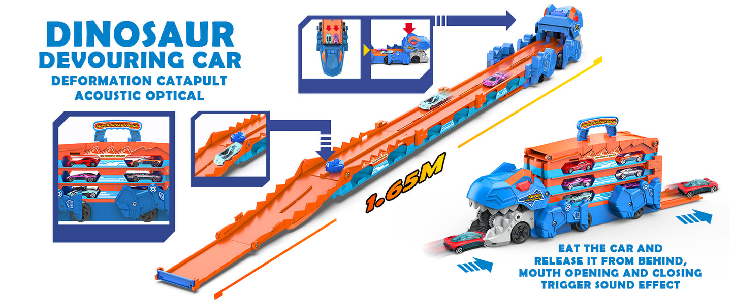 2-in-1 Foldable Dinosaur Truck With 6 pcs Cars and Racing Track