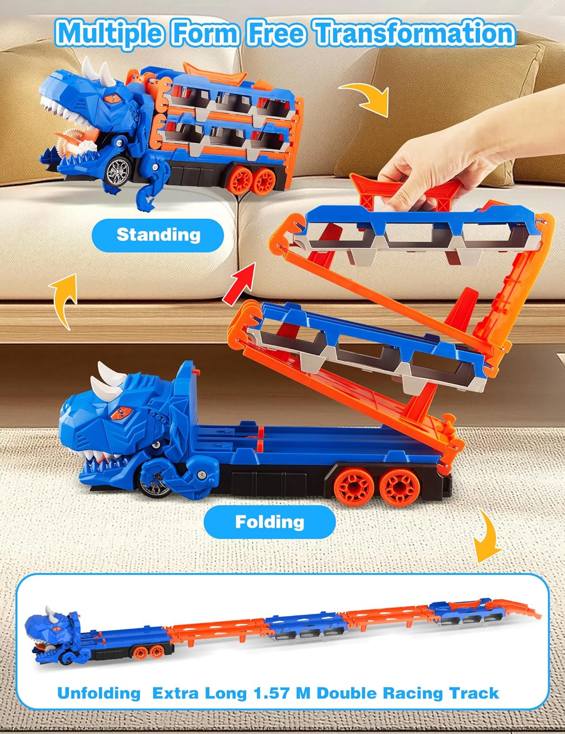 2-in-1 Foldable Dinosaur Truck With 6 pcs Cars and Racing Track