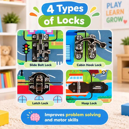 Wooden Transport Themed Busy Board With Shoe Lacing Activity