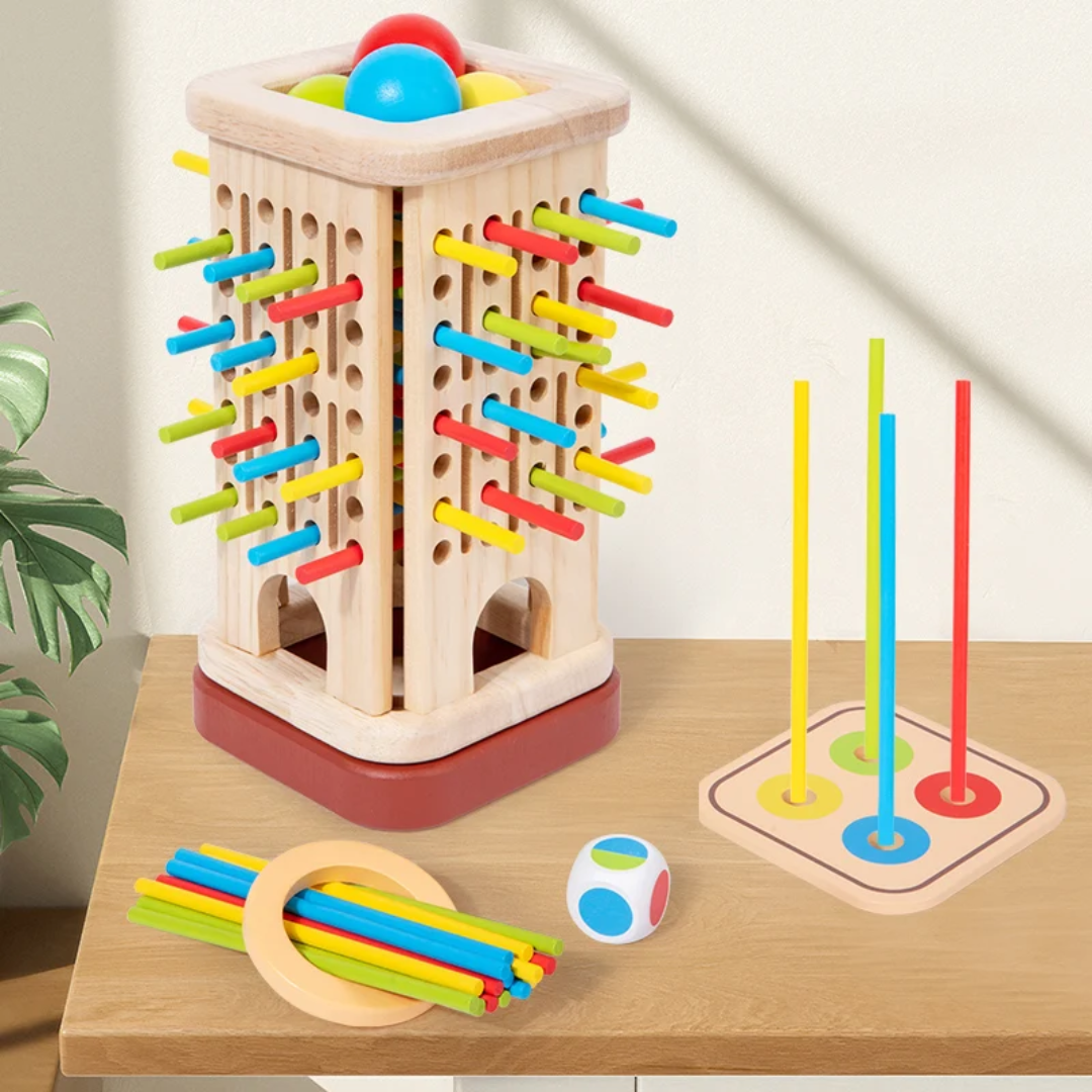 Wooden 3 in 1 Multi-Functional Stick Pulling Ball Drop Tower Balance Activity Toy