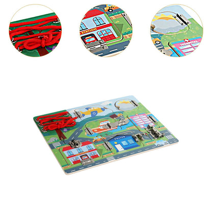 Wooden Transport Themed Busy Board With Shoe Lacing Activity