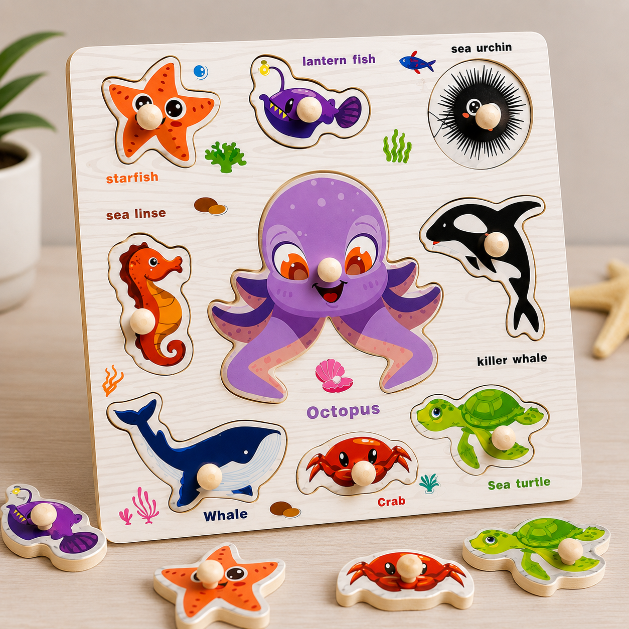 Wooden Marine Animals Knob Puzzle with White Board