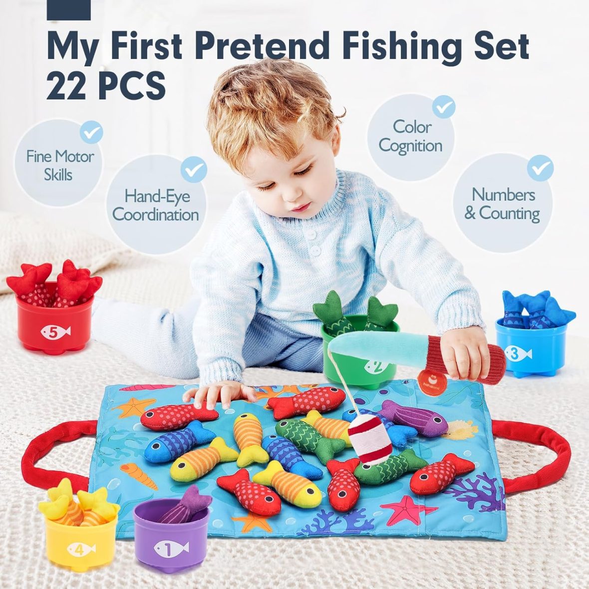 Cloth Fishing Game for Toddlers – Catch & Count Toy with Stacking Cups & Storage Mat