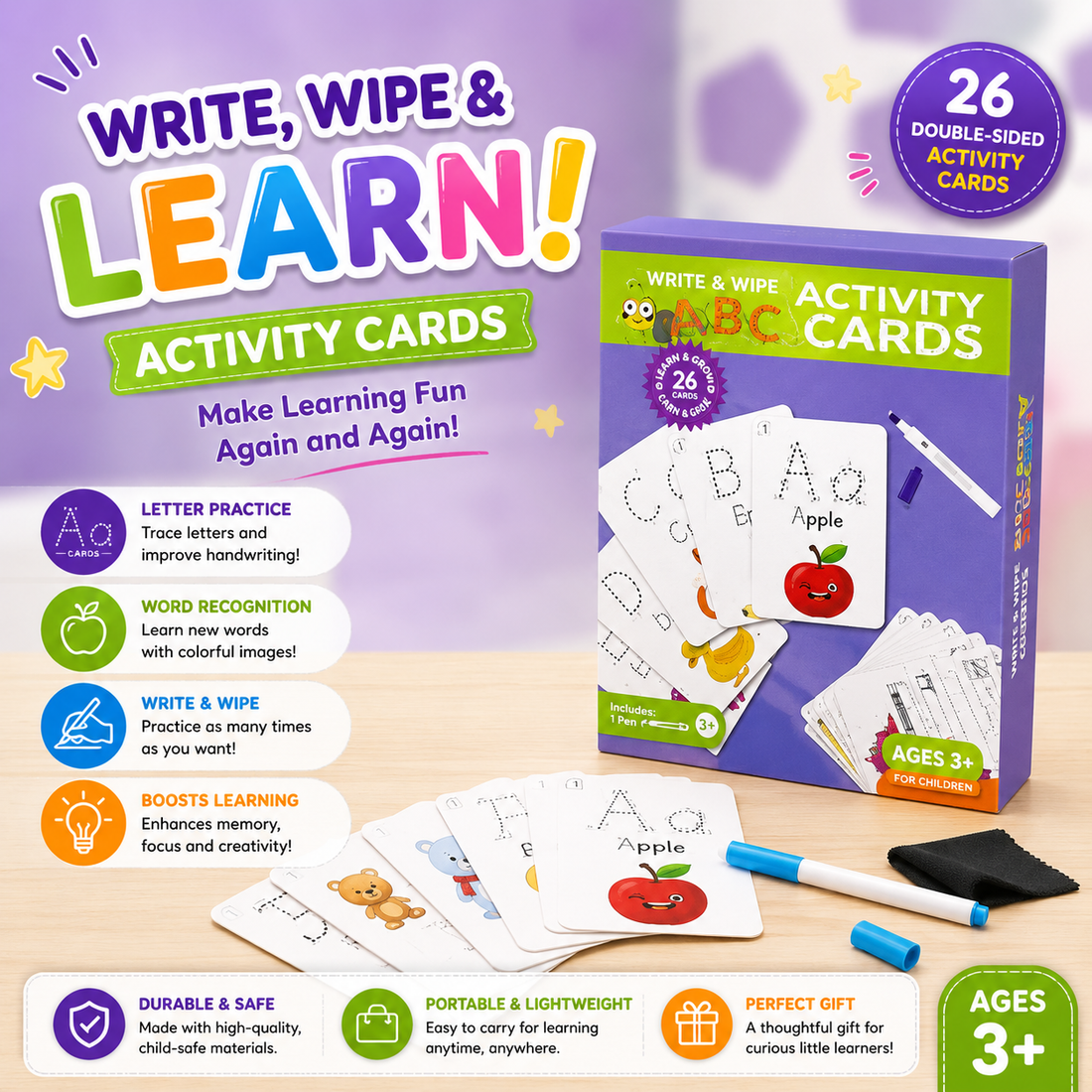 ABC Write-and-Wipe Learning Cards – Reusable Early Learning Set