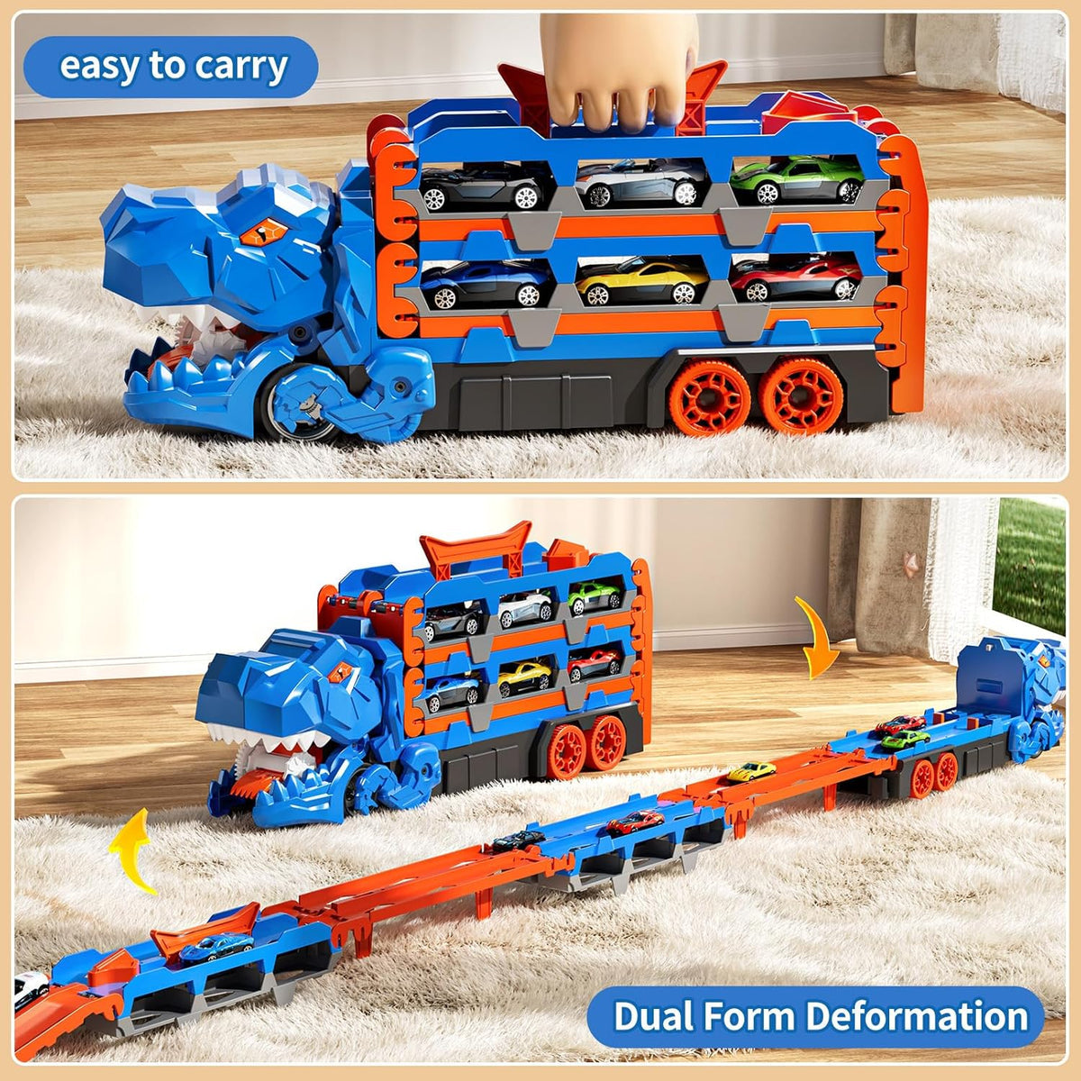 2-in-1 Foldable Dinosaur Truck With 6 pcs Cars and Racing Track