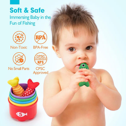 Cloth Fishing Game for Toddlers – Catch & Count Toy with Stacking Cups & Storage Mat