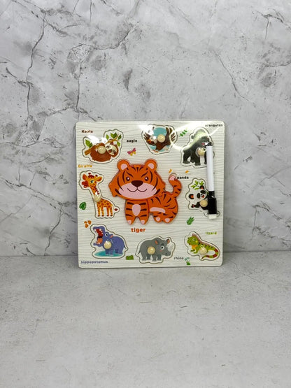 Wooden Wild Animals Knob Puzzle with White Board