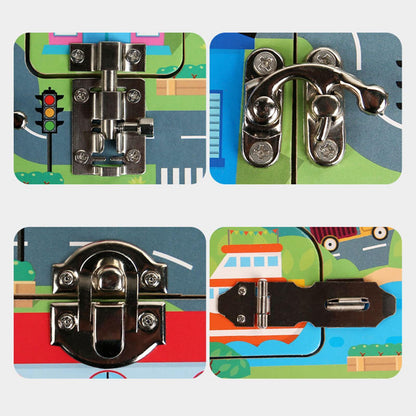 Wooden Transport Themed Busy Board With Shoe Lacing Activity