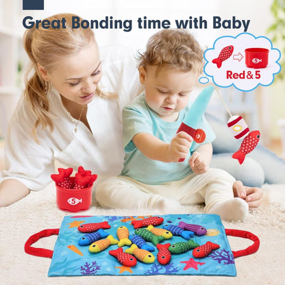 Cloth Fishing Game for Toddlers – Catch & Count Toy with Stacking Cups & Storage Mat