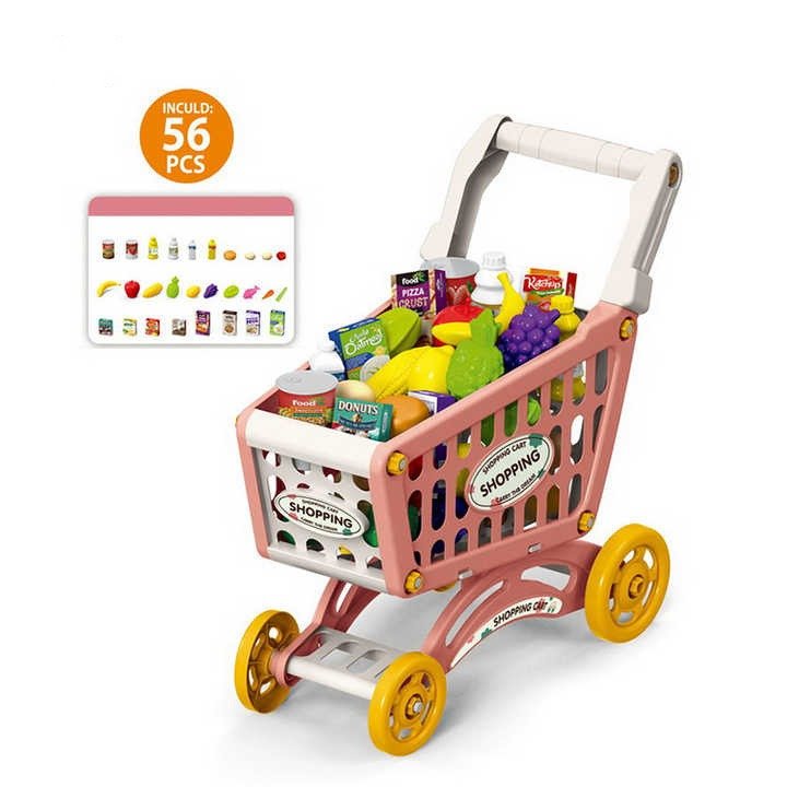 Shopping Trolley Cart Toy Pretend Play Food Accessories Grocery Cart for Kids