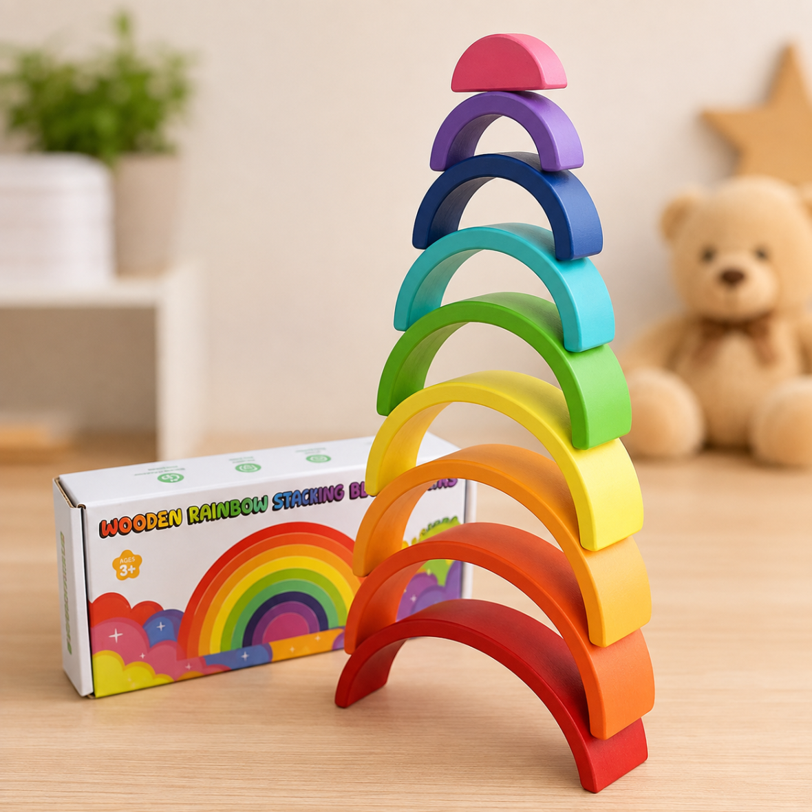 Wooden Rainbow Stacking Blocks – 9 pieces