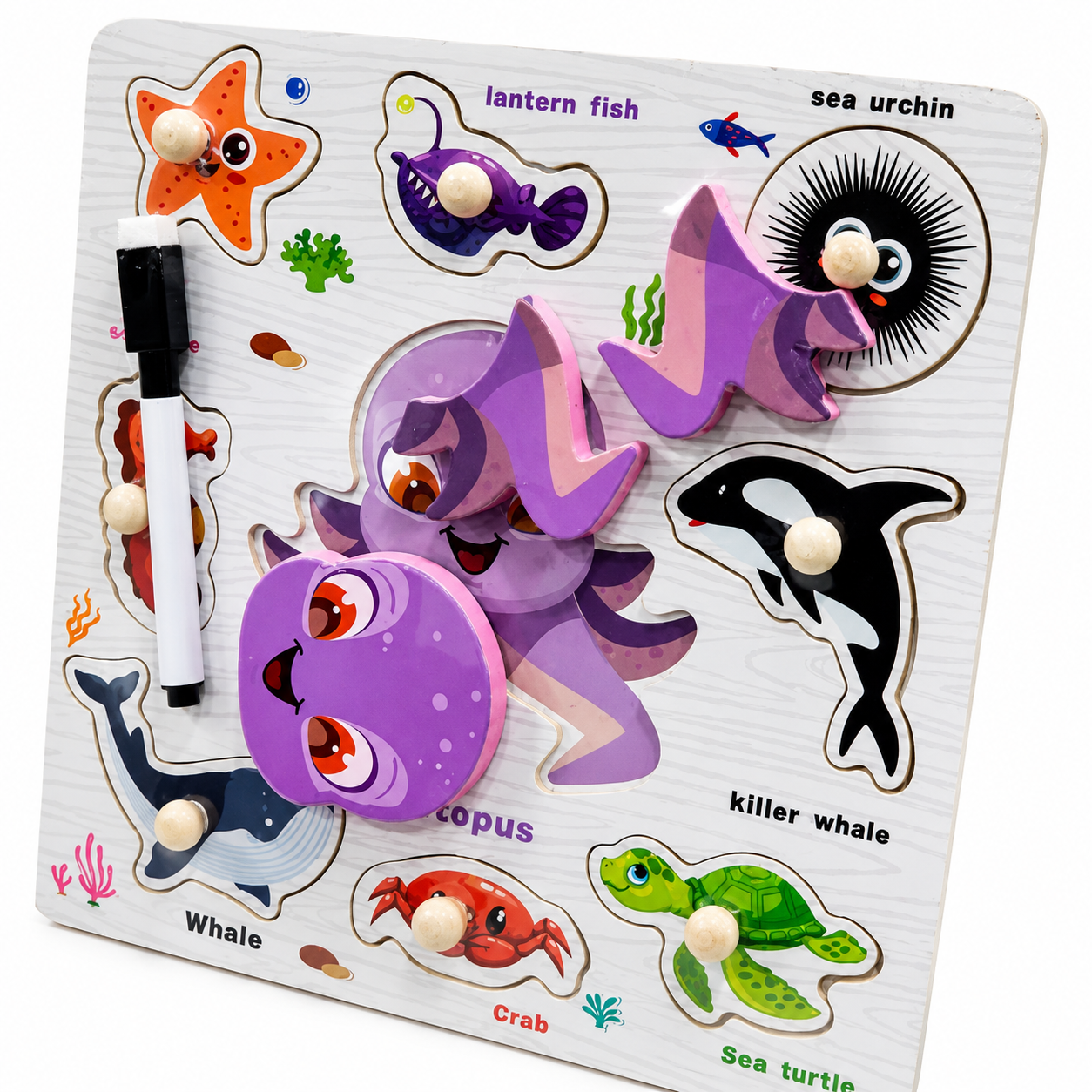 Wooden Marine Animals Knob Puzzle with White Board