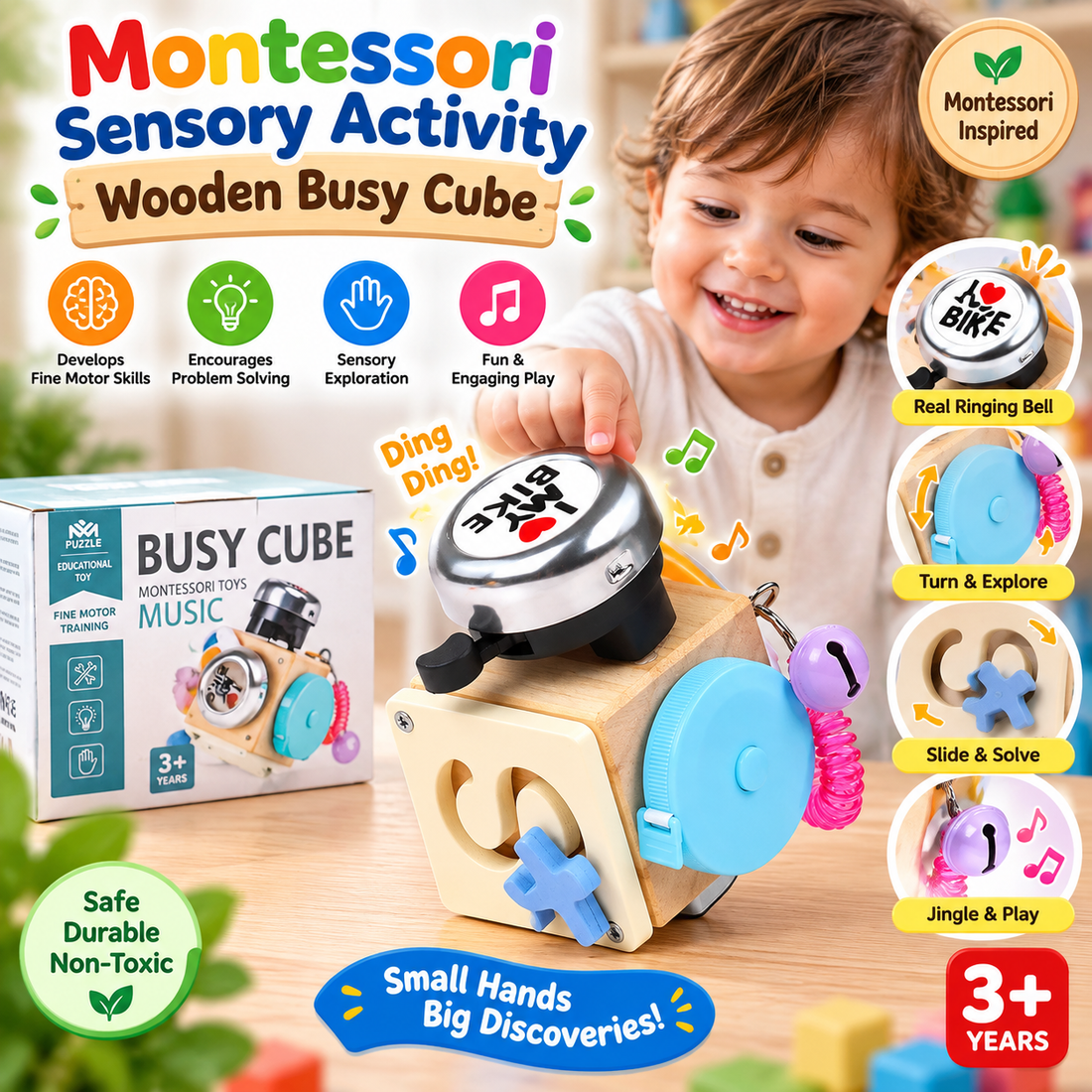 Wooden Montessori Sensory Activity Interactive Busy Cube