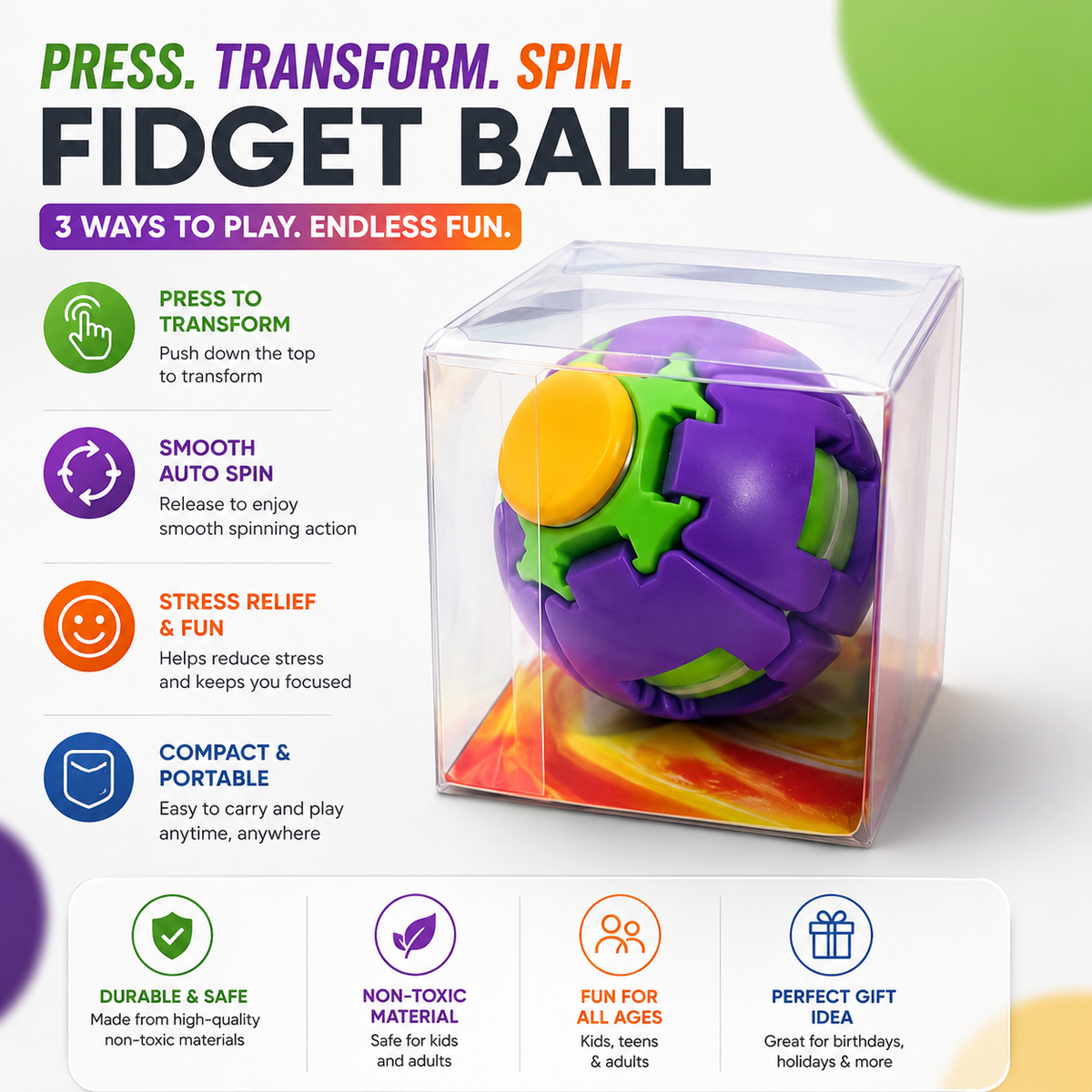 Stress Relief Ball Press-to-Spin Fidget - Assorted Colors
