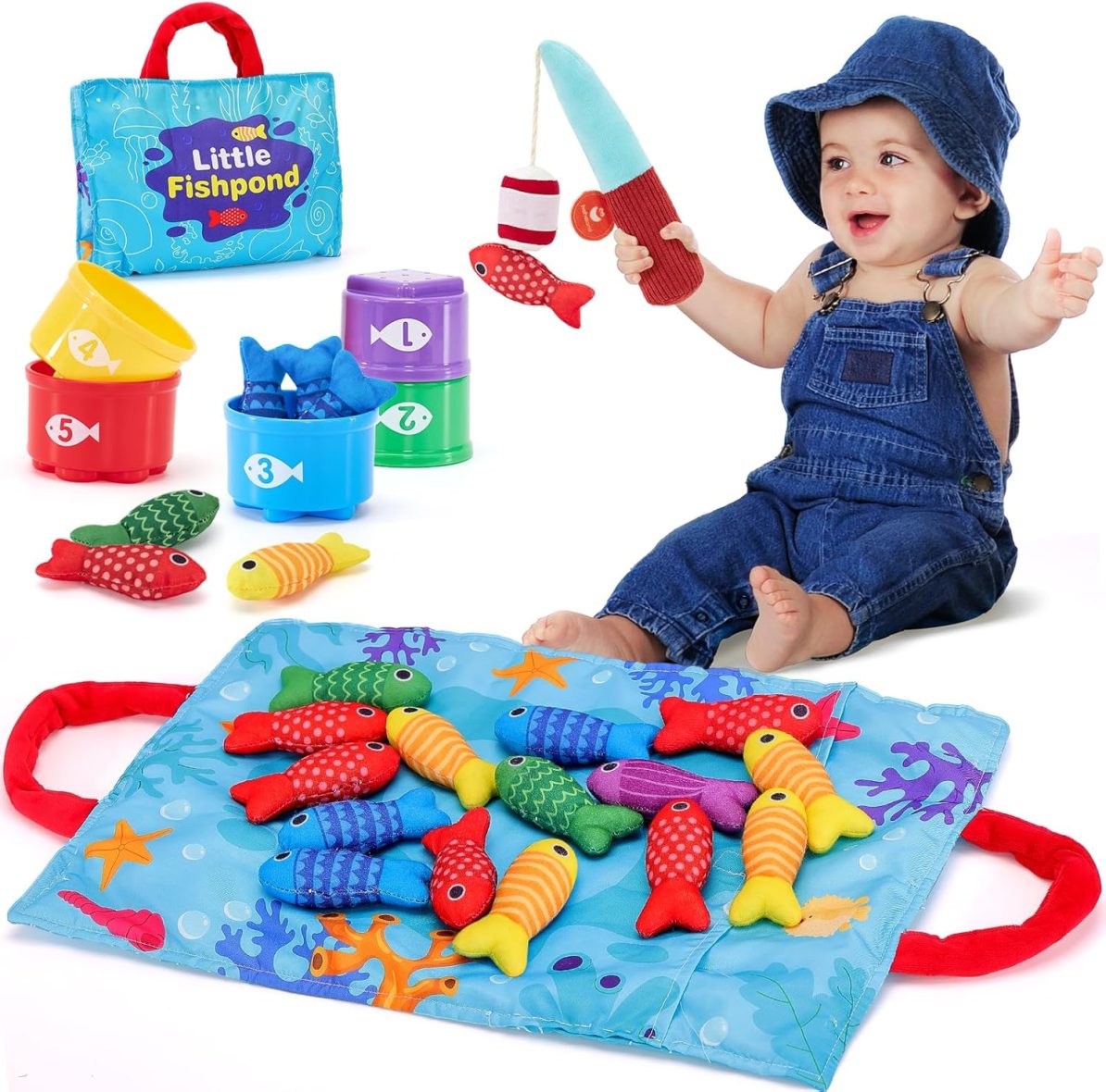 Cloth Fishing Game for Toddlers – Catch & Count Toy with Stacking Cups & Storage Mat