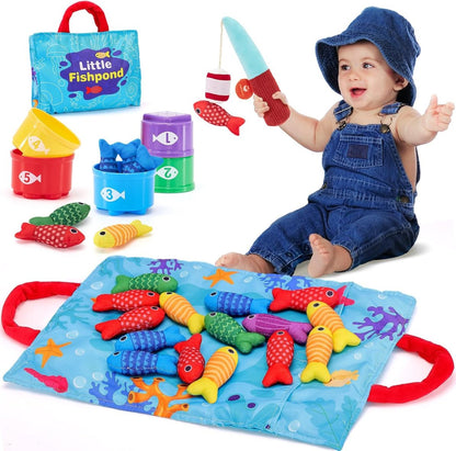 Cloth Fishing Game for Toddlers – Catch & Count Toy with Stacking Cups & Storage Mat