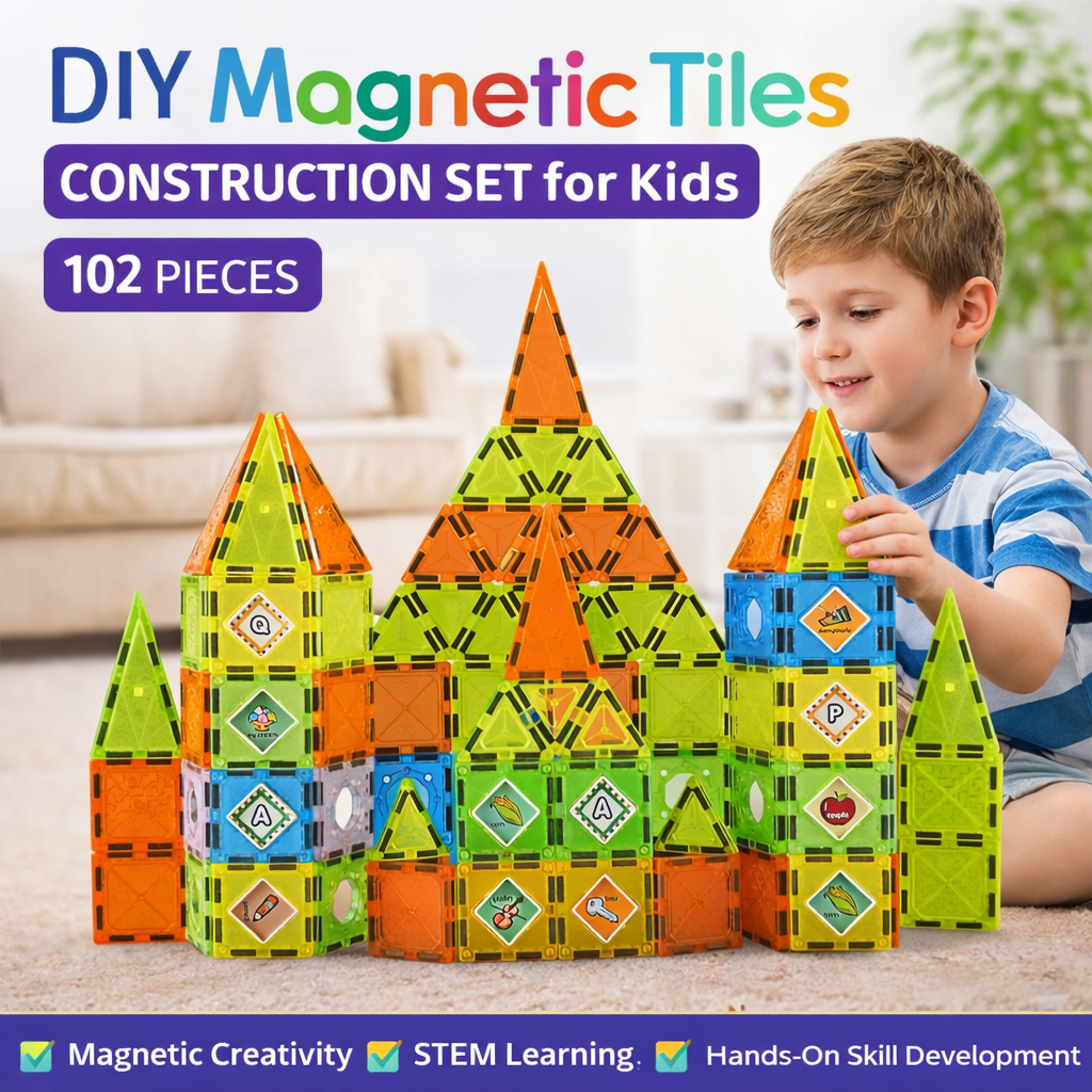 DIY Magnetic Tile Construction Set For Kids 102 Piece
