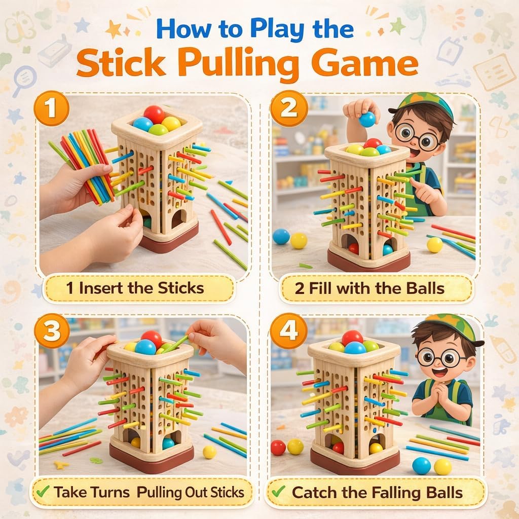 Wooden 3 in 1 Multi-Functional Stick Pulling Ball Drop Tower Balance Activity Toy