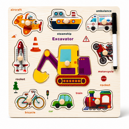 Wooden Means of Transportation Knob Puzzle with White Board