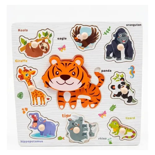 Wooden Wild Animals Knob Puzzle with White Board
