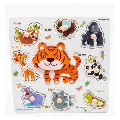 Wooden Wild Animals Knob Puzzle with White Board