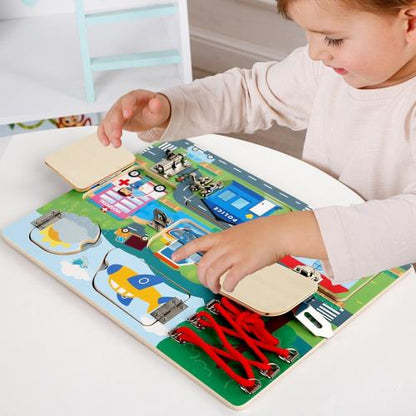 Wooden Transport Themed Busy Board With Shoe Lacing Activity