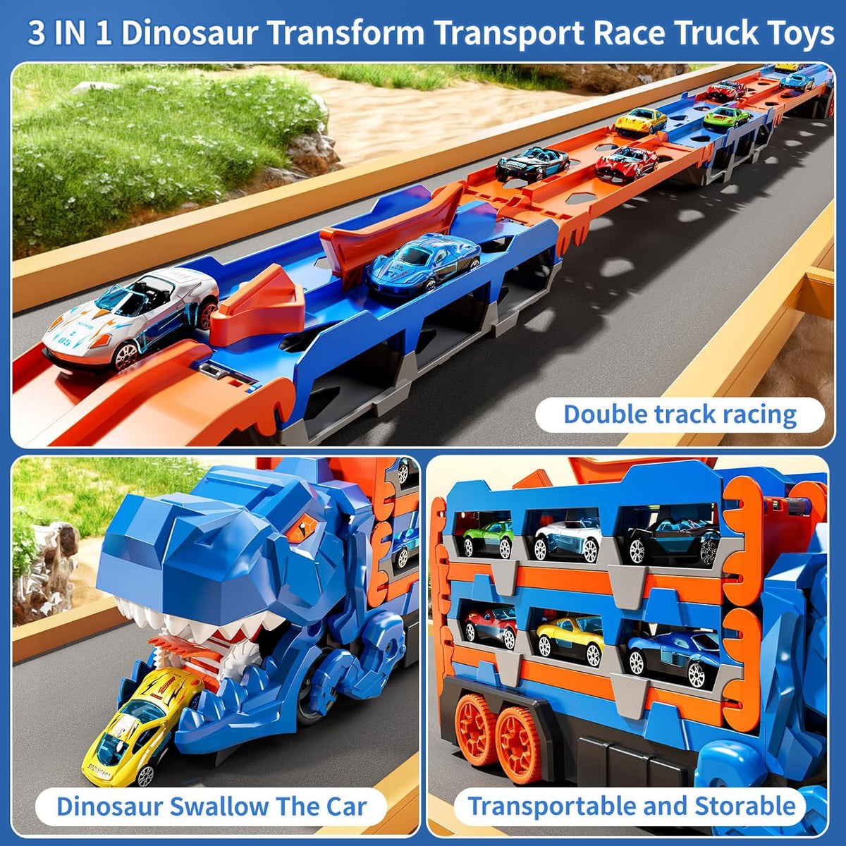 2-in-1 Foldable Dinosaur Truck With 6 pcs Cars and Racing Track