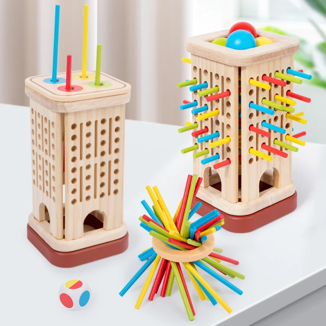 Wooden 3 in 1 Multi-Functional Stick Pulling Ball Drop Tower Balance Activity Toy