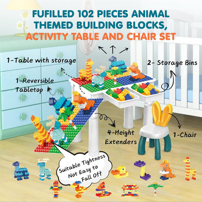 Kids Building Blocks Table with Chair & Learning Station (102 Pcs)