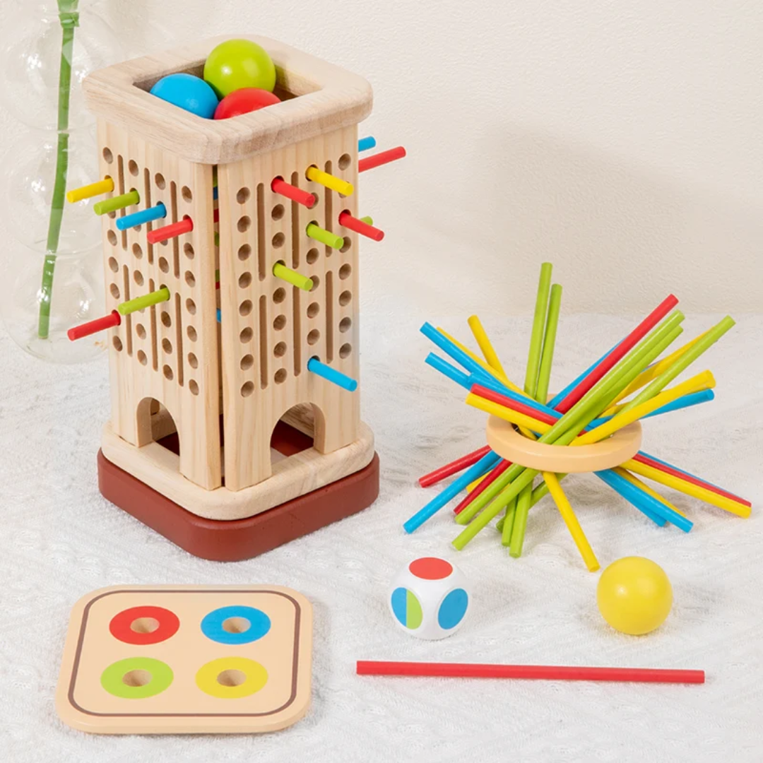 Wooden 3 in 1 Multi-Functional Stick Pulling Ball Drop Tower Balance Activity Toy