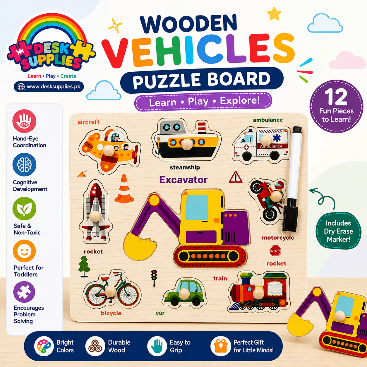 Wooden Means of Transportation Knob Puzzle with White Board