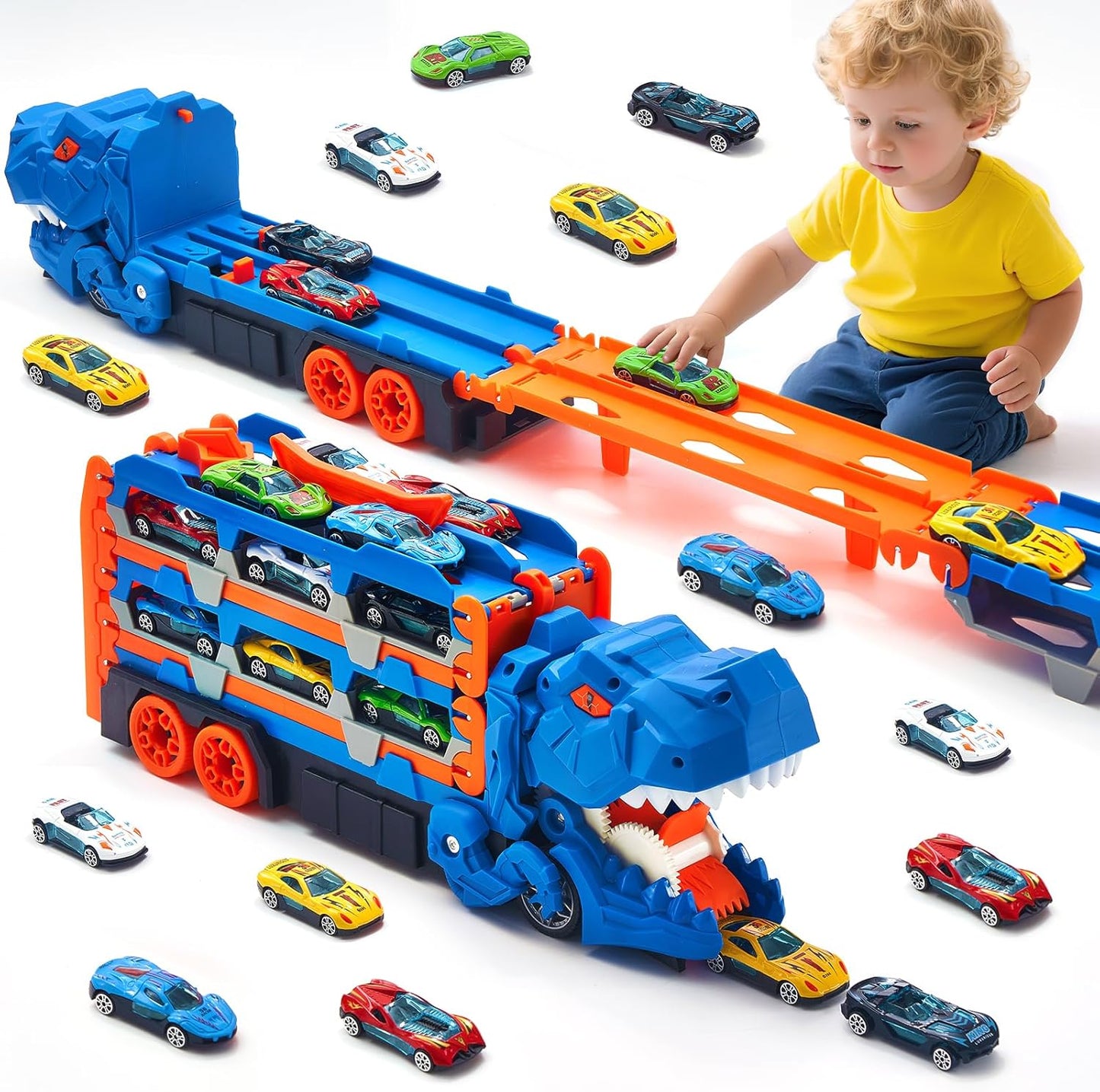 2-in-1 Foldable Dinosaur Truck With 6 pcs Cars and Racing Track