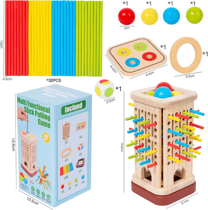 Wooden 3 in 1 Multi-Functional Stick Pulling Ball Drop Tower Balance Activity Toy