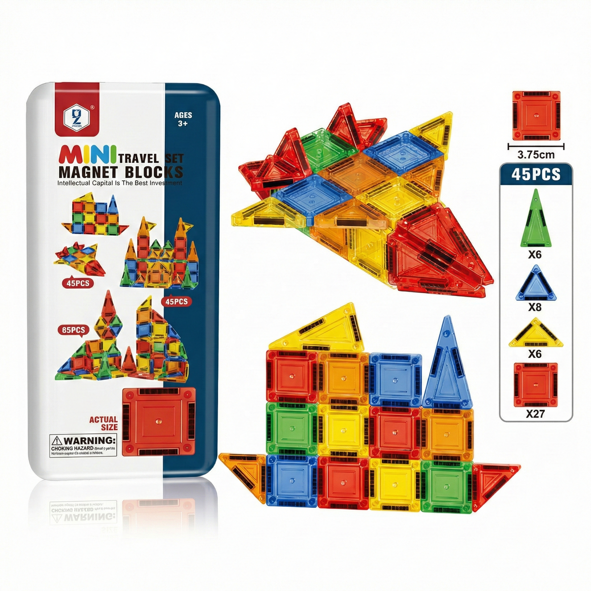 Mini Travel Magnetic Tile Blocks Set 45 Pieces