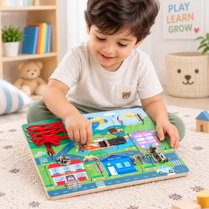 Wooden Transport Themed Busy Board With Shoe Lacing Activity