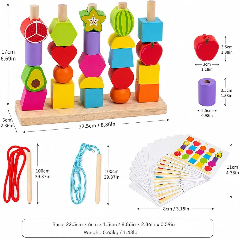 Wooden Montessori Fruits & Shapes Sequence with Lacing Pattern